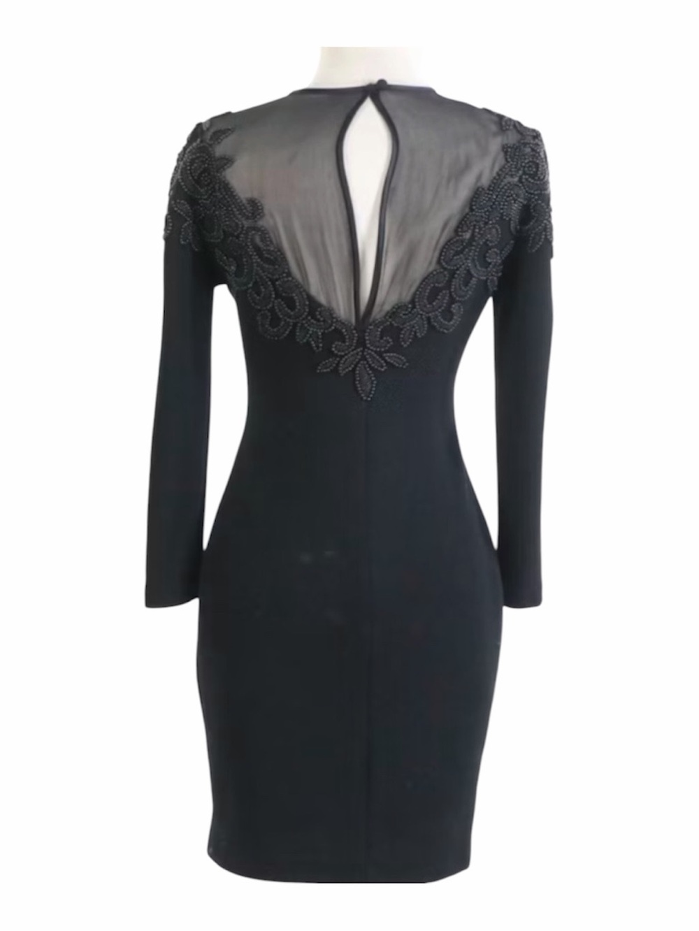Carmen Marc Valvo Dress Black Beaded BodyCon Dress Wool Floral Applique Size M - Picture 2 of 9